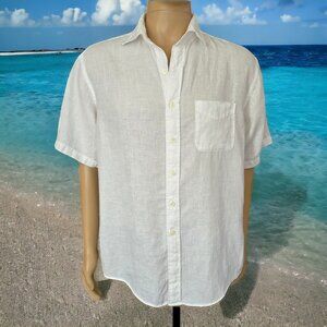 BROOKS BROTHERS (LG) White Irish Linen Regular Fit Short Sleeve Button Up
